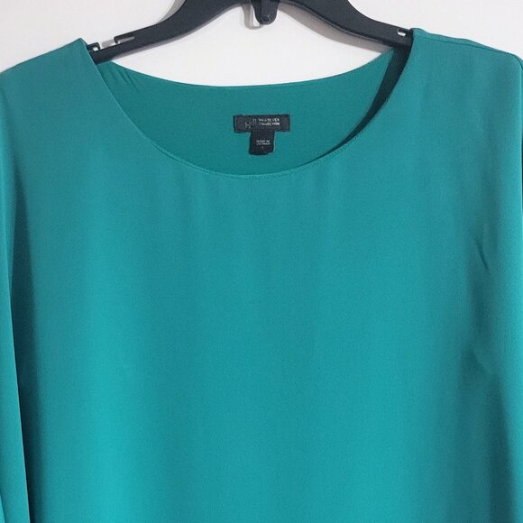 J Jill Wearever Womens Flounced Sleeve Woven Top Size L Green Round Neck Demure - Picture 3 of 13